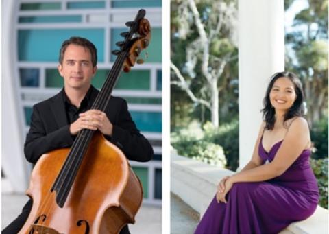 Press photos of Jeremy Kurtz-Harris with his double bass and Ines Irawati, seated outside