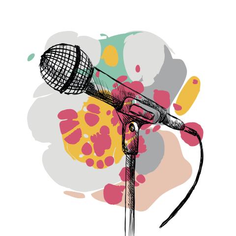 promo art of a microphone with a colorful background