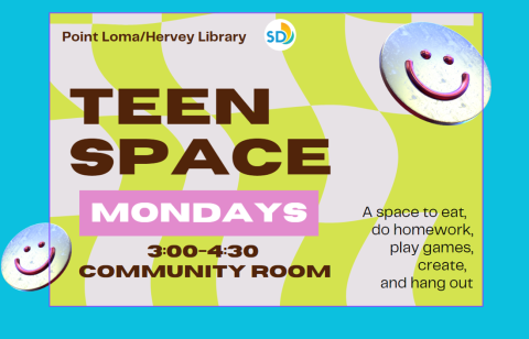 banner featuring "Teen Space. Mondays. 3:00-4:30. Community Room" and smiley faces on a wavy green and grey background.