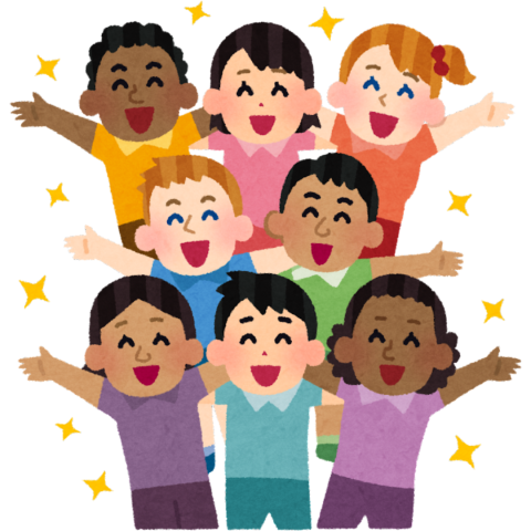 illustration of 8 children with different skin tones with arms around each other and smiling