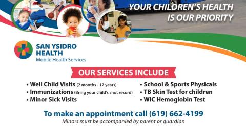 San Ysidro Health logo with text indicating services offered and telephone number for appointments