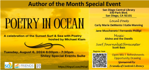 golden warm sunset colors of orang and yellow with written details of the Poetry in Ocean event.