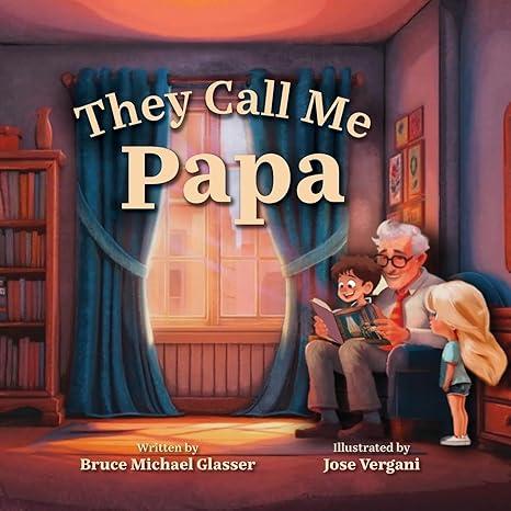 illustrated cover of picture book showing grandfather with two grand children reading