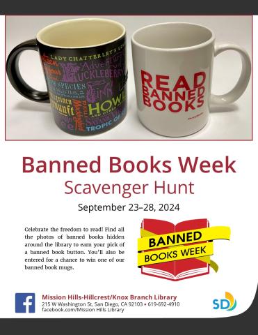 Flyer with event details and photo of 2 banned books mugs