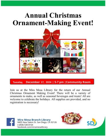 Promotional flyer with ornaments and colorful Christmas celebration images.