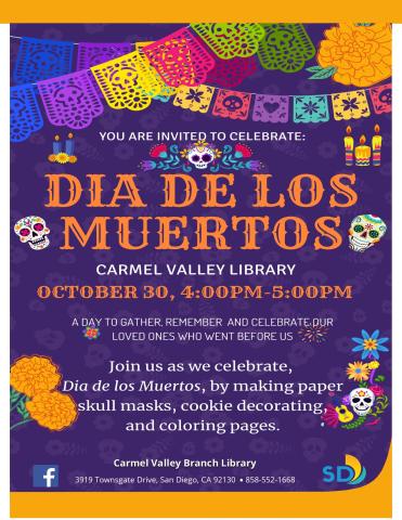 Join us as we honor "Dia de los Muertos." We will celebrate this day with fun crafts, cookie decorating and coloring pages.