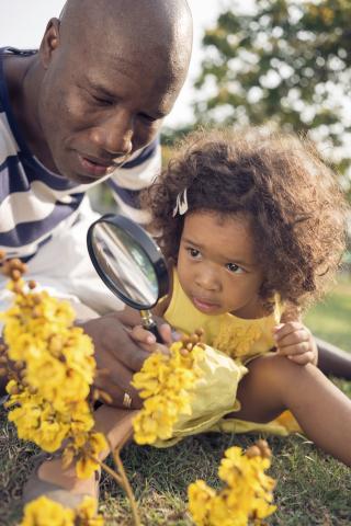 Adult and child examining flowers