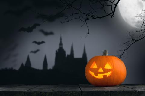 promo image of jack-o-lantern and haunted house