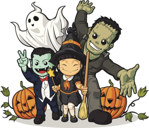 Friendly ghost, vampire, Frankenstein, witch, and jack o'lanterns