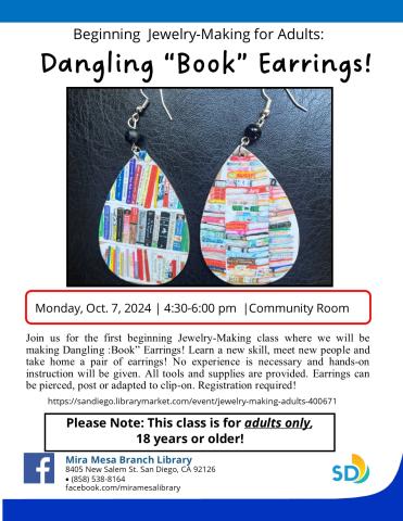 Earrings with book images on them, on promotional flyer.