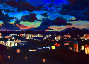 Acrylic painting of a suburban city scape and clouds at night titled “Prelude,” by artist Lauren Elyse S.