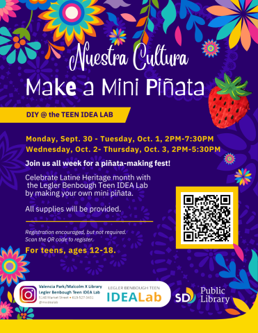 Purple poster, text invites teenagers, ages 12-18, to visit the Legler Benbough Teen IDEA Lab during September 30th to October 3rd to make their own mini piñata. 