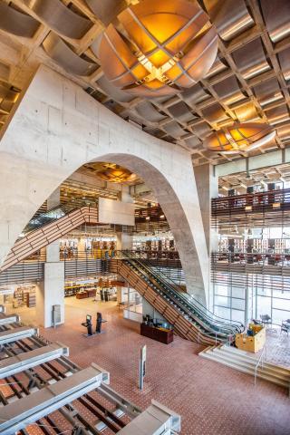 Interior photograph of San Diego Central Library's lobby.