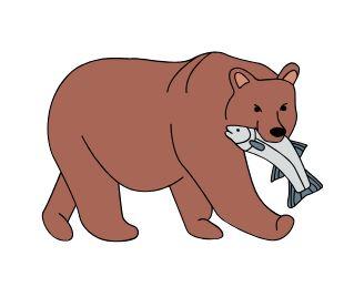 A cartoon brown bear with a salmon in its mouth