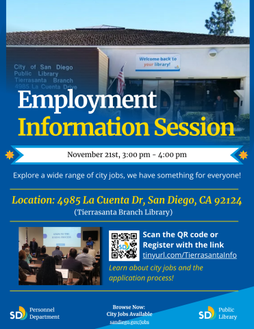 Informational flyer for the City of San Diego Employment Information Session featuring a photos of the Tierrasanta Branch Library and people attending a session.