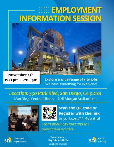 Flyer of Central Library and job seekers with blue background