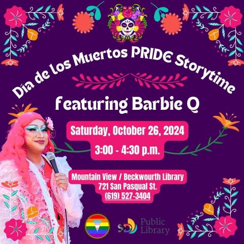 Flyer with a purple background with pink and yellows with flowly white stems. A queen in a pink feathery robe and pink hair is holding a microphone for the Dia De Los Muertos Pride Storytime Event