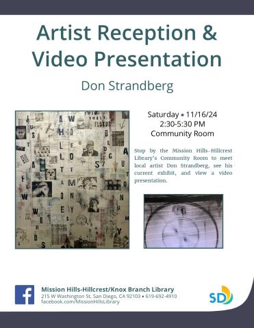 Flyer with details of event and photos of an abstract artwork and a video screen