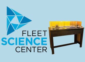 Fleet Science center logo with a picture of a science exhibit.