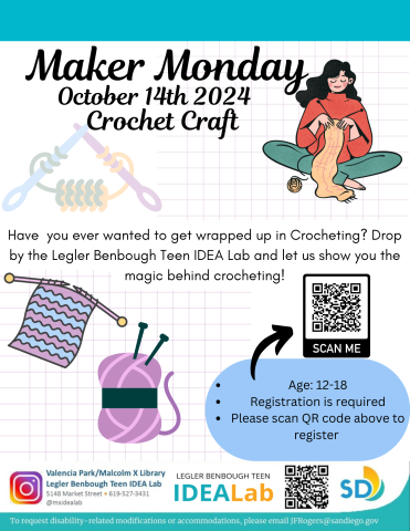 Crochet Maker Monday from 4pm to 5pm explaining that we will be teaching the basics of crocheting.