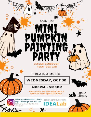 Join us for a mini pumpkin painting party! Wednesday, October 30. For teens, ages 12-18. 