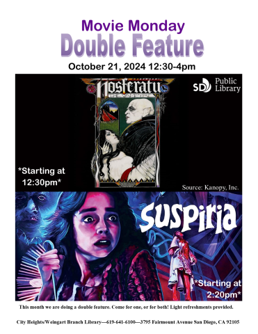 Double Feature on 10/21/24 with films: Nosferatu the Vampyre starting 12:30. Suspiria starting at 2:20.