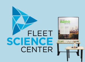 Fleet Science center logo with a picture of a science exhibit.