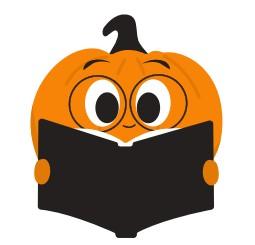 Orange pumpkin reading a brown book