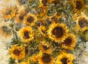 Impressionistic painting of a bunch of sunflowers by artist Vira Ustianska.