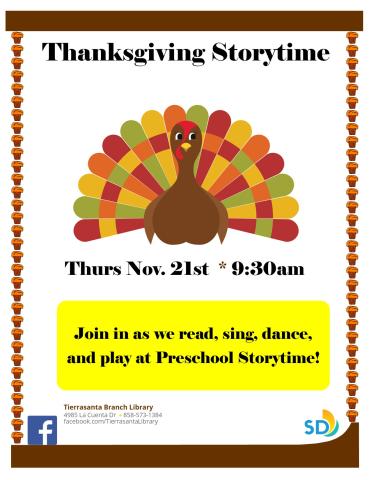 Flyer with image of colorful cartoon living turkey with muffin border