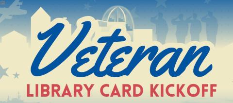 Veteran Library Card Kickoff with image of San Diego Skyline and outline of service members