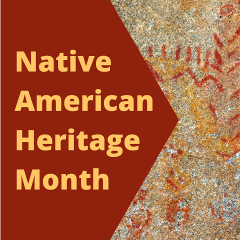 Decorative: A photo of native pictographs and the words "Native American Heritage Month"