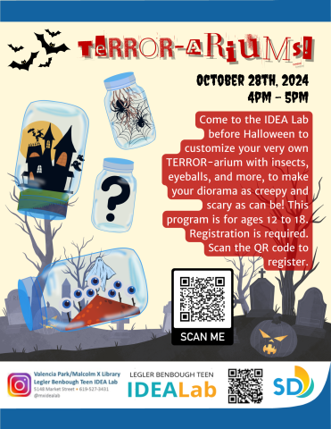 October 28th Maker Monday from 4pm to 5pm we will be making creepy TERROR-ariums to customize with eyes, bugs, and more!