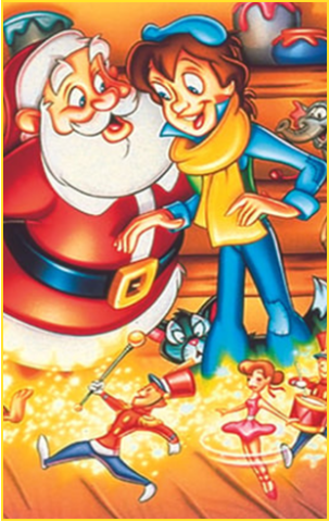 Graphic image of Santa and a boy with animated toys walking around them.