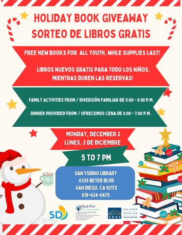 a cheerful flyer for a holiday program. Image is on a cream background with a candy cane border, in a lower corner a snowman is drinking hot cocoa and in the opposite corner is a book tree decorated with colorful lights.