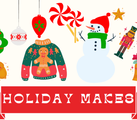 Holiday sweater, ornaments, peppermint lollipops, snowman, and nutcracker prince