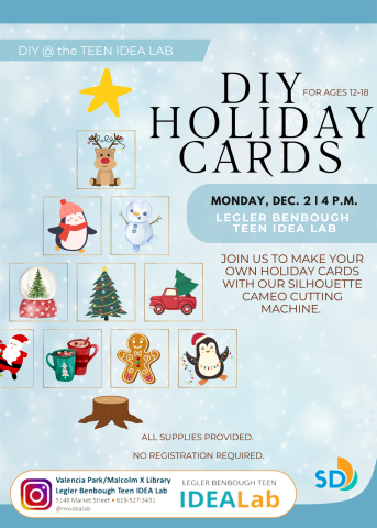 Join us to make your own holiday cards! Teens ages 12-18 are invited to the IDEA Lab to make their own holiday cards. 