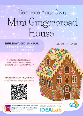 Join us at the Teen IDEA Lab to decorate your own mini gingerbread house. One house per person. 