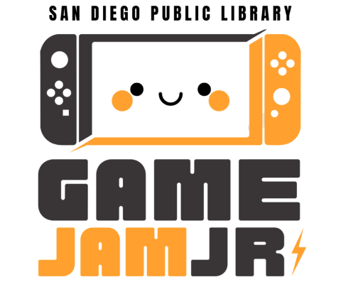 Black and orange game console with happy face. Text around image state "San Diego Public Library Game Jam Jr."