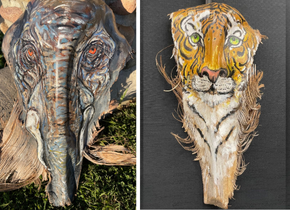 Picture of two painted palm fronds, one that looks like an elephant, and the other that looks like a tiger by artist Jane Muschenetz.