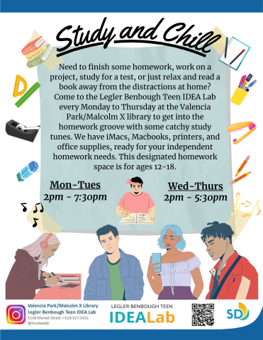 Study and Chill every Monday to Tuesday from 2pm to 7:30pm. and every Wednesday to Thursday from 3pm to 5:30pm. Get away from the distractions at home to do some homework, read a book, or relax away from it all.