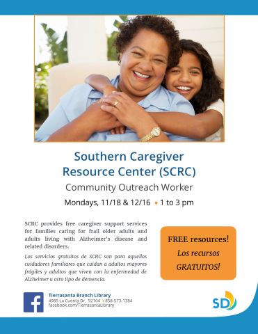 Informational program flyer featuring an image of a granddaughter embracing her grandmother.