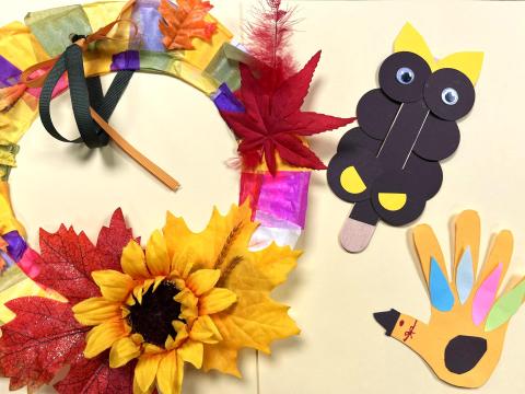 Leaf wreath, owl, and turkey crafts