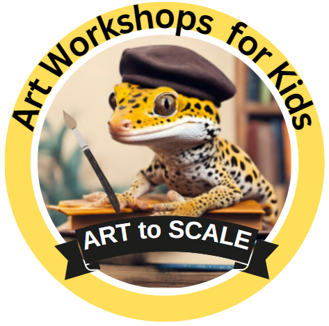 leopard gecko wearing an artist's beret and holding a paint brush. Says "art workshops for kids, Art to Scale"