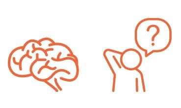 Line drawings of a brain and a person asking questions