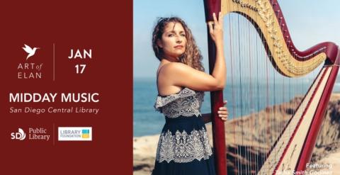 Midday Music flyer with image of harpist Tasha Smith Godinez