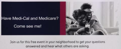 Text reading "Have Medi-Cal and Medicare? Come see me!" and the image of a woman embracing her partner