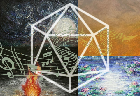 Four art images connected together by a polyhedron outline. 