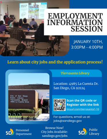 Informational flyer for the Employment Information Session program featuring images of program participants viewing a slide presentation and the front of the Tierrasanta Branch Library.