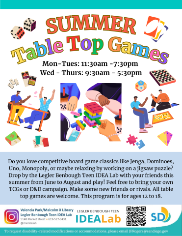 Table Top games every Wednesday and Thursday from 4pm to 5:30pm. Come on by with your friends or make some new rivals. Feel free to bring your own TTG or TCGs.